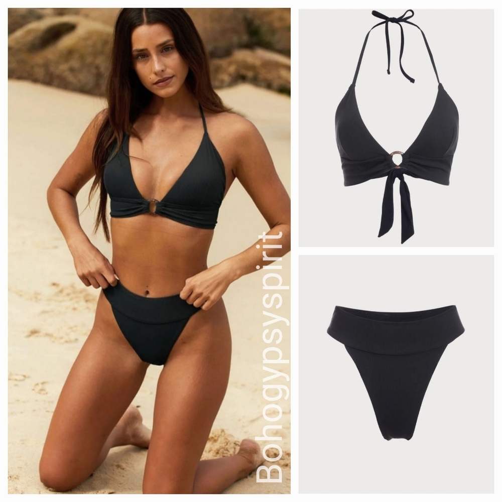 NWT Berlook Black Back TieTop & Black High Cut WaistBottom, L Bikini Set
